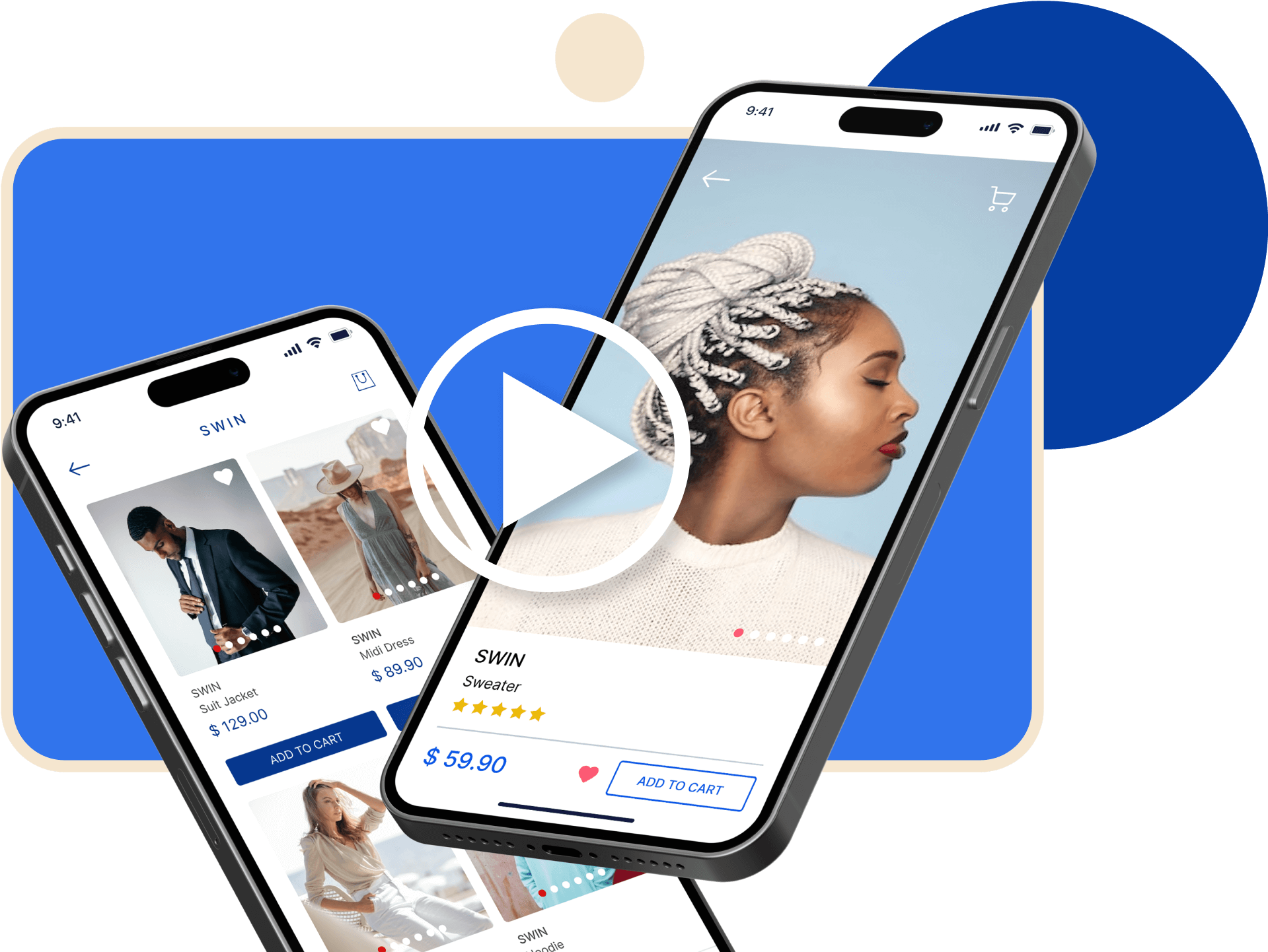 Two mobile app images that shows some clothes with a video player image